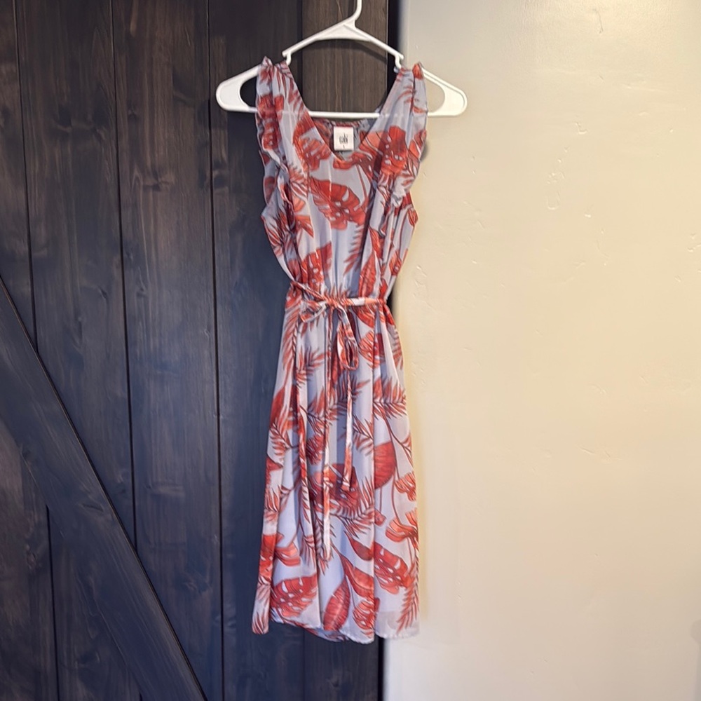 Sleeveless Midi Dress with Coral Leaf Print and Waist Tie